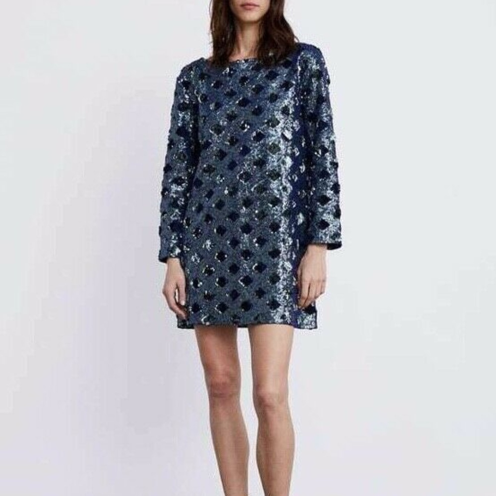 ZARA NAVY BLUE FULLY LINED SEQUIN DRESS - Picture 2 of 6